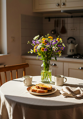 JPG 편집이미지 꽃 음식 빵 가정 탁자 아침 일상 컵 햇빛 주방 식사 아침식사 편안함 즐거움 소통 편집실사 AI포토 AI콘텐츠 주간 식물 식기 감정 가구 컨셉 라이프 태양 감각 CG 파일형식