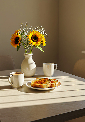 JPG 편집이미지 커피 음료 빵 식탁 탁자 아침 해바라기 디저트 주택 일상 햇빛 주방 꽃병 카페 아침식사 편집실사 AI포토 AI콘텐츠 주간 꽃 음식 가구 건물 라이프 태양 상점 식사 CG 파일형식