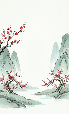 JPG 나무 꽃잎 꽃 잎 일러스트 자연 바람 산 풍경 물 고요 봄 연못 동양화 매화 화단 수목 정물화 국내일러스트 AI일러스트 AI콘텐츠 자연요소 식물 계절 날씨 미술 그림 생태계 파일형식