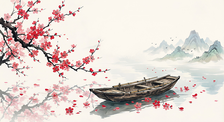 JPG 전통 꽃잎 꽃 문화 예술 여행 일러스트 자연 휴식 산 풍경 물 여름 강 고요 수면 정박 동양화 그림 매화 나무배 뷰티풀 국내일러스트 AI일러스트 AI콘텐츠 자연요소 식물 계절 컨셉 배_교통 미술 생태계 파일형식
