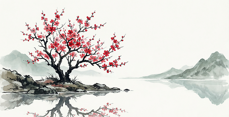 JPG 나무 식물 꽃 호수 예술 일러스트 자연 산 풍경 물 반사 환경 봄 수면 동양화 매화 지형 조화 차분 국내일러스트 AI일러스트 AI콘텐츠 자연요소 계절 컨셉 미술 생태계 파일형식