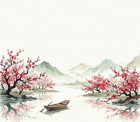 JPG 나무 꽃 예술 여행 일러스트 자연 하늘 수채화 산 꽃나무 풍경 물 강 봄 연못 강가 동양화 매화 조용 멀리 풍경화 국내일러스트 AI일러스트 AI콘텐츠 자연요소 식물 계절 미술 그림 생태계 파일형식