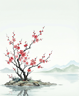 JPG 나무 식물 꽃 예술 분홍색 컬러 섬 백그라운드 일러스트 자연 수채화 산 풍경 물 고요 봄 동양화 매화 대칭 뷰티풀 차분 국내일러스트 AI일러스트 AI콘텐츠 자연요소 계절 컨셉 미술 생태계 파일형식