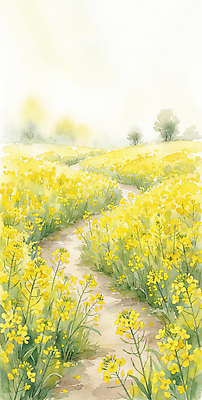 JPG 나무 꽃 길 일러스트 자연 생명 날씨 풍경 초원 초록색 여름 햇빛 제주도 노란색 봄 들꽃 농촌 시골 유채 유채밭 풍경화 국내일러스트 AI일러스트 AI콘텐츠 식물 계절 컬러 밭 한국 태양 그림 생태계 파일형식