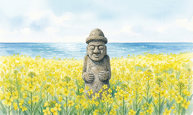 JPG 전통 문화 파도 바다 여행 꽃밭 일러스트 자연 하늘 한국 풍경 여름 파란색 조각상 제주도 노란색 돌하르방 유채 소원 유채밭 국내일러스트 AI일러스트 AI콘텐츠 계절 꽃 아시아 컬러 밭 조형물 생태계 파일형식