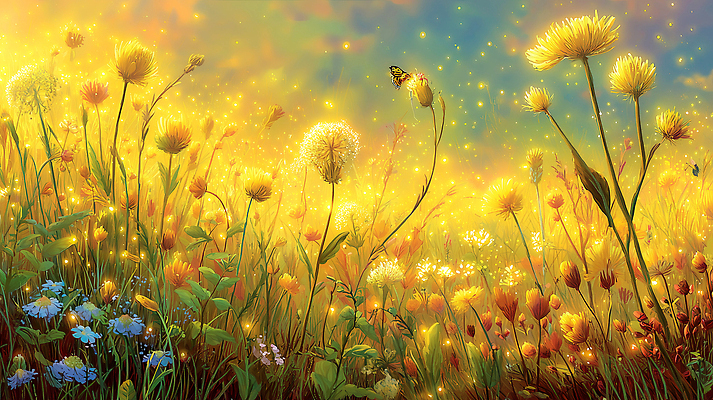 JPG 식물 꽃 화초 나비 일러스트 자연 생명 풍경 초원 여름 파란색 햇빛 노란색 장면 국내일러스트 AI일러스트 AI콘텐츠 계절 컬러 곤충 태양 생태계 파일형식