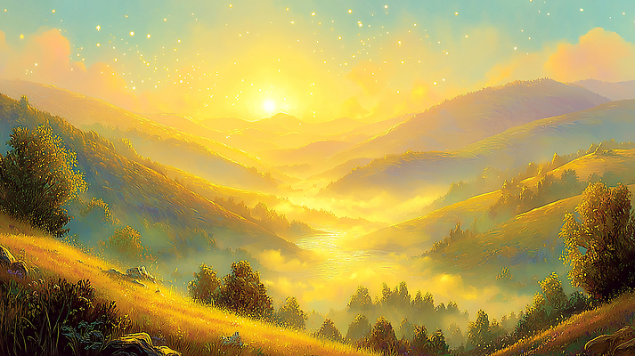 JPG 나무 일러스트 자연 하늘 아침 산 풍경 초원 물 여름 빛 강 햇빛 노란색 계곡 언덕 국내일러스트 AI일러스트 AI콘텐츠 주간 자연요소 식물 계절 컬러 태양 생태계 파일형식