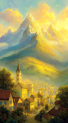 JPG 나무 일러스트 자연 하늘 아침 조명 산 주택 풍경 햇빛 노란색 교회 마을 국내일러스트 AI일러스트 AI콘텐츠 주간 식물 컬러 종교건축 건물 태양 생태계 파일형식