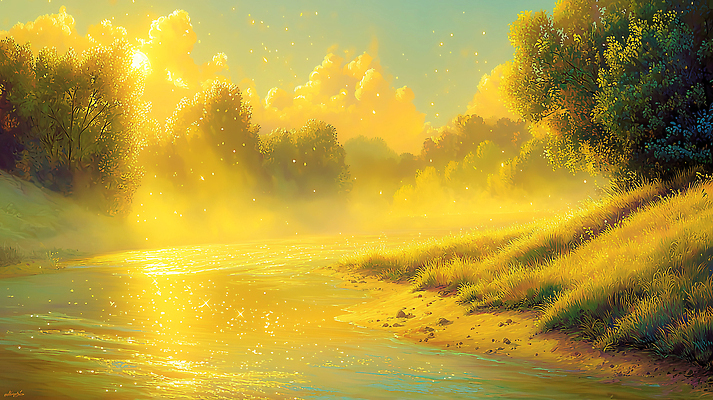 JPG 나무 일러스트 자연 아침 바람 풍경 물 여름 빛 강 햇빛 노란색 흐름 저수지 숲 국내일러스트 AI일러스트 AI콘텐츠 주간 자연요소 식물 계절 컬러 컨셉 날씨 태양 생태계 파일형식