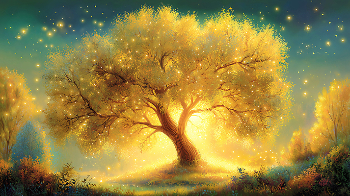 JPG 나무 식물 일러스트 자연 생명 풍경 야외 여름 빛 반짝임 햇빛 노란색 저녁 숲 땅 평지 뷰티풀 국내일러스트 AI일러스트 AI콘텐츠 계절 컬러 모션 태양 야간 생태계 파일형식