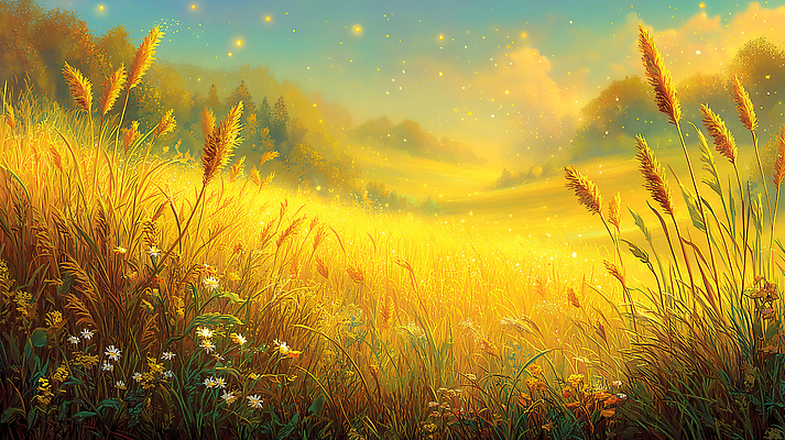 JPG 나무 사계절 꽃 컬러 일러스트 자연 하늘 아침 바람 풍경 초원 여름 빛 햇빛 노란색 국내일러스트 AI일러스트 AI콘텐츠 주간 자연요소 식물 계절 날씨 태양 생태계 파일형식