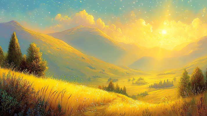 JPG 나무 꽃 일러스트 자연 하늘 바람 산 풍경 초원 햇빛 태양 노란색 일출 새벽 평야 국내일러스트 AI일러스트 AI콘텐츠 자연요소 식물 컬러 날씨 노을 생태계 파일형식