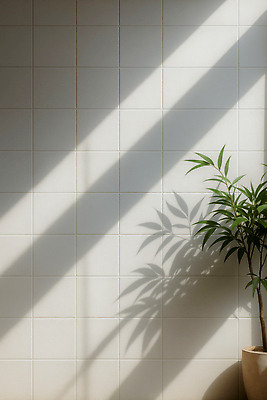 JPG 식물 편집이미지 디자인 벽 창문 나뭇잎 조명 실내 그림자 장식 인테리어 햇빛 공간 흰색 타일 모던 편집실사 AI포토 AI콘텐츠 컬러 잎 내부 태양 CG 파일형식