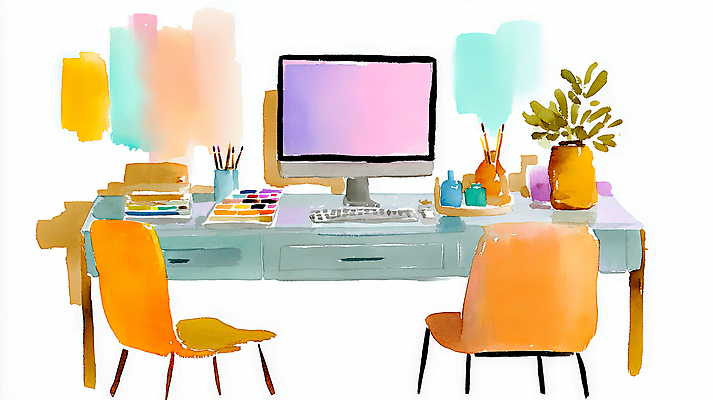 JPG 디자인 화분 예술 컬러 의자 일러스트 색연필 아이디어 장식 컴퓨터 사무실 작업 편안함 물병 책상 그림 색채 창의성 국내일러스트 AI일러스트 AI콘텐츠 가구 컨셉 비즈니스 학용품 전자제품 감각 물통 파일형식