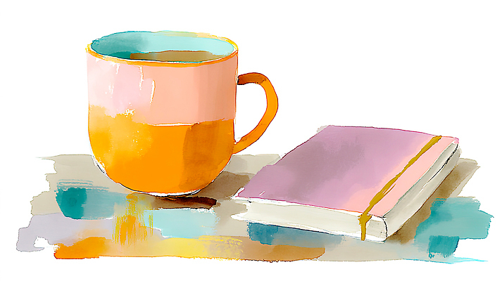 JPG 디자인 분홍색 컬러 백그라운드 일러스트 탁자 조명 수채화 일상 장식 컵 보라색 주황색 공책 물감 오브젝트 그림 작품 국내일러스트 AI일러스트 AI콘텐츠 식기 가구 문구용품 미술 라이프 미술도구 파일형식