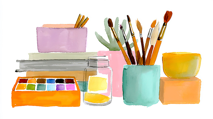 JPG 디자인 예술 컬러 일러스트 재료 탁자 스튜디오 수채화 물감 미술도구 도구 붓 색칠 스케치북 그림 예술가 정리 창작 국내일러스트 AI일러스트 AI콘텐츠 가구 학용품 오브젝트 파일형식