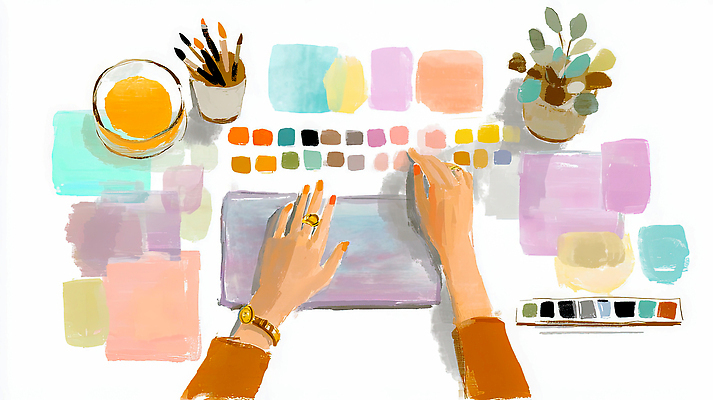 JPG 식물 손 디자인 예술 컬러 일러스트 탁자 아이디어 일상 사무실 견본 물감 도구 키보드 작업 사무 물컵 창의성 창작 국내일러스트 컬러칩 AI일러스트 AI콘텐츠 가구 컨셉 비즈니스 라이프 신체부위 컵 미술도구 업무 파일형식