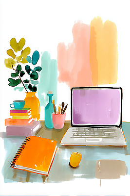 JPG 식물 컬러 일러스트 일상 장식 컵 노트북 학습 사무실 환경 공책 공간 기록 작업 책상 즐거움 오브젝트 준비 정리 창의성 홈카페 국내일러스트 AI일러스트 AI콘텐츠 식기 교육 감정 가구 비즈니스 문구용품 라이프 전자제품 카페 파일형식