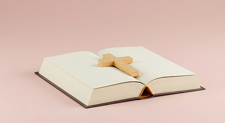 JPG 나무 편집이미지 기독교 종교 상징 분홍색 백그라운드 십자가 탁자 책 학습 성경 기도 오픈 메시지 이미지편집 AI컴퓨터그래픽 AI콘텐츠 식물 교육 컬러 가구 종교용품 파일형식