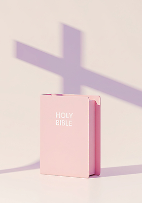 JPG 편집이미지 기독교 종교 분홍색 십자가 탁자 아침 그림자 책 독서 햇빛 성경 기도 신도 일요일 이미지편집 AI컴퓨터그래픽 AI콘텐츠 주간 컬러 가구 종교용품 태양 요일 파일형식