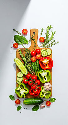 JPG 편집이미지 토마토 채소 재료 오이 파프리카 도마 건강 요리 주방 식사 샐러드 신선 허브 이미지편집 AI포토 AI콘텐츠 식물 음식 주방용품 파일형식