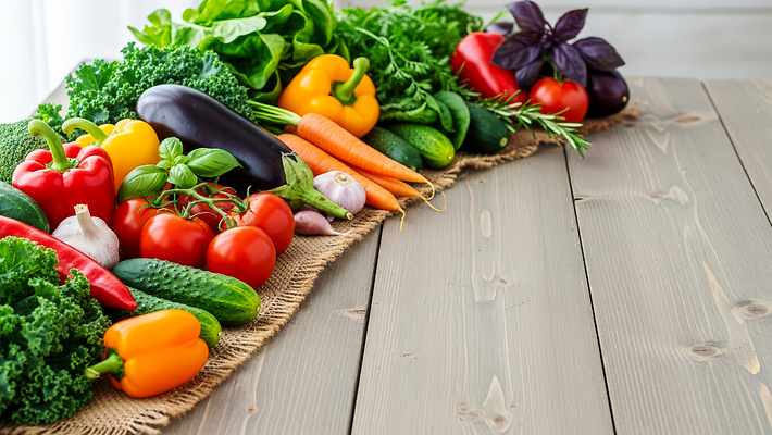 JPG 편집이미지 컬러 토마토 채소 고추 오이 파프리카 건강 마늘 당근 신선 상추 일렬 나무탁자 먹거리 이미지편집 AI포토 AI콘텐츠 음식 탁자 뿌리채소 파일형식