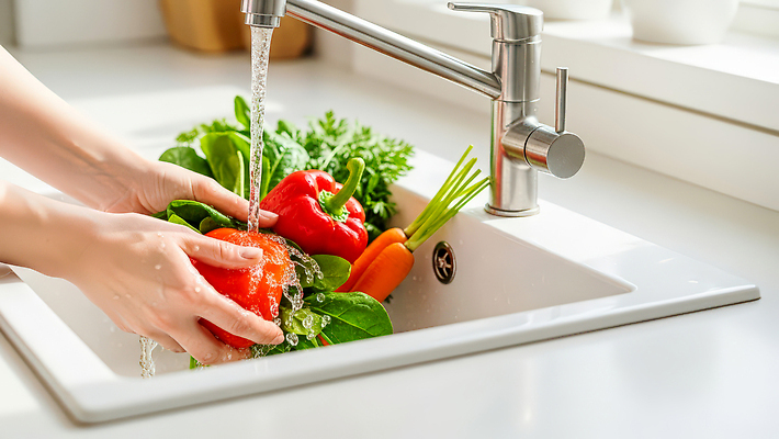 JPG 편집이미지 손 채소 식재료 식탁 피망 건강 요리 물 주방 식사 당근 신선 씻기 준비 이미지편집 AI컴퓨터그래픽 AI콘텐츠 자연요소 탁자 뿌리채소 신체부위 청결 파일형식