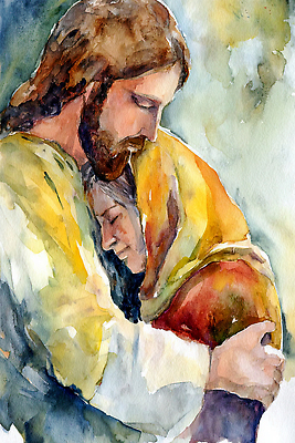 JPG 여자 감정 종교 예술 일러스트 관계 포옹 수채화 따뜻함 사랑 사람 성경 예수 좌절 괴로움 그림 위로 소통 순간 국내일러스트 AI일러스트 AI콘텐츠 컨셉 종교용품 안기 신_종교 파일형식