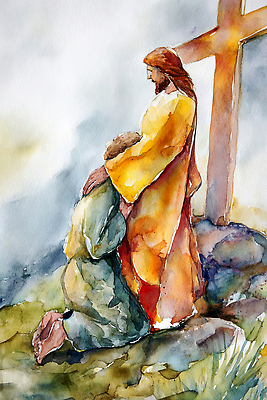 JPG 나무 종교 십자가 프로포즈 일러스트 하늘 수채화 사람 믿음 성경 희망 만남 기도 예수 좌절 괴로움 위로 색감 국내일러스트 AI일러스트 AI콘텐츠 식물 감정 컨셉 종교용품 신_종교 파일형식