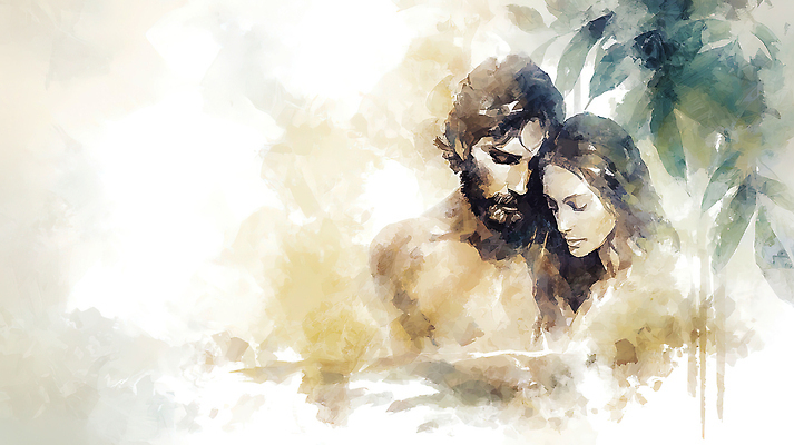 JPG 여자 남자 감정 예술 일러스트 관계 포옹 수채화 대화 사랑 사람 친구 성경 만남 표현 분위기 연결 그림 장면 아담 아담과이브 이브 국내일러스트 AI일러스트 AI콘텐츠 컨셉 종교용품 안기 말하기 파일형식