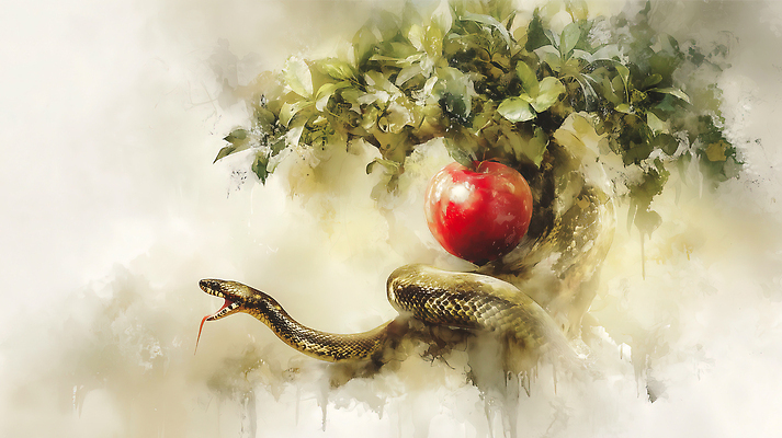 JPG 모양 나무 문화 예술 상징 컬러 일러스트 자연 수채화 아이디어 이야기 성경 뱀 사과 그림 신화 상상력 아담 아담과이브 이브 국내일러스트 AI일러스트 AI콘텐츠 식물 컨셉 과일 종교용품 파충류 생태계 파일형식