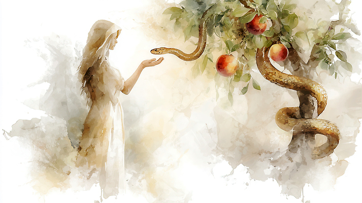 JPG 나무 동물 손 여자 상징 백그라운드 과일 일러스트 모션 자연 수채화 이야기 대화 성경 뱀 사과 숲 신비 과거 신화 아담 아담과이브 이브 전설 존재 국내일러스트 AI일러스트 AI콘텐츠 식물 컨셉 종교용품 파충류 말하기 사람 신체부위 생태계 파일형식