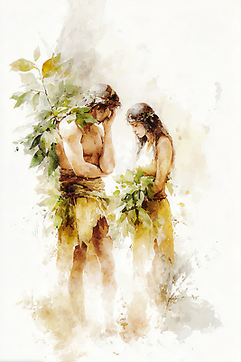 JPG 응시 여자 남자 감정 상징 일러스트 자연 생명 나뭇잎 수채화 고대문명 이야기 대화 사람 초원 여름 성경 연결 그림 신화 아담 아담과이브 이브 존재 국내일러스트 AI일러스트 AI콘텐츠 시선 계절 잎 종교용품 말하기 생태계 파일형식