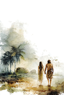 JPG 나무 커플 실루엣 예술 일러스트 모션 자연 하늘 수채화 풍경 해변 두명 물 여름 평화 걷기 손잡기 성경 일몰 그림 아담 아담과이브 이브 국내일러스트 AI일러스트 AI콘텐츠 자연요소 식물 계절 바다 컨셉 종교용품 관계 촬영기법 사람 노을 생태계 파일형식