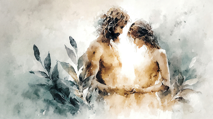 JPG 응시 여자 남자 감정 예술 일러스트 자연 나뭇잎 수채화 사랑 사람 손잡기 성경 우정 표현 미술관 연결 그림 아담 아담과이브 이브 국내일러스트 AI일러스트 AI콘텐츠 시선 잎 종교용품 모션 친구 생태계 파일형식