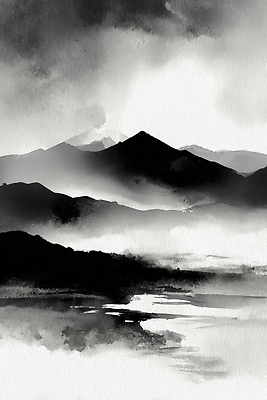 JPG 전통 호수 물결 예술 일러스트 자연 하늘 산 흑백 수묵화 풍경 물 세계 고요 안개 그림 작품 멀리 동아시아 뷰티풀 국내일러스트 AI일러스트 AI콘텐츠 자연요소 날씨 촬영기법 미술 생태계 파일형식