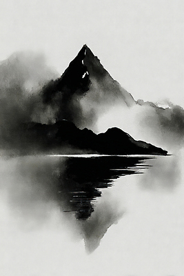 JPG 실루엣 예술 일러스트 자연 하늘 산 수묵화 풍경 물 반사 검은색 고요 회색 안개 흰색 수면 그림 풍경화 전경 산맥 국내일러스트 AI일러스트 AI콘텐츠 자연요소 컬러 날씨 촬영기법 미술 생태계 파일형식 탑뷰