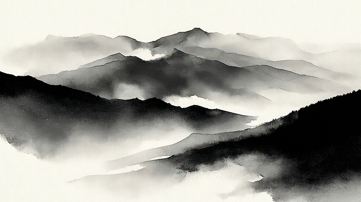 JPG 예술 백그라운드 일러스트 자연 수채화 산 흑백 회화 수묵화 풍경 일상 공간 안개 찡그림 분위기 그림 윤곽 산맥 국내일러스트 AI일러스트 AI콘텐츠 컨셉 날씨 촬영기법 표정 말하기 미술 라이프 생태계 파일형식
