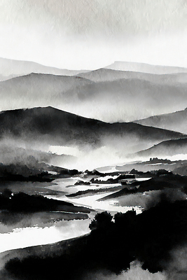 JPG 일러스트 자연 하늘 산 물줄기 흑백 수묵화 풍경 물 흐름 안개 저수지 부드러움 지역 동산 조화 평야 국내일러스트 AI일러스트 AI콘텐츠 자연요소 컨셉 날씨 촬영기법 미술 감각 생태계 파일형식