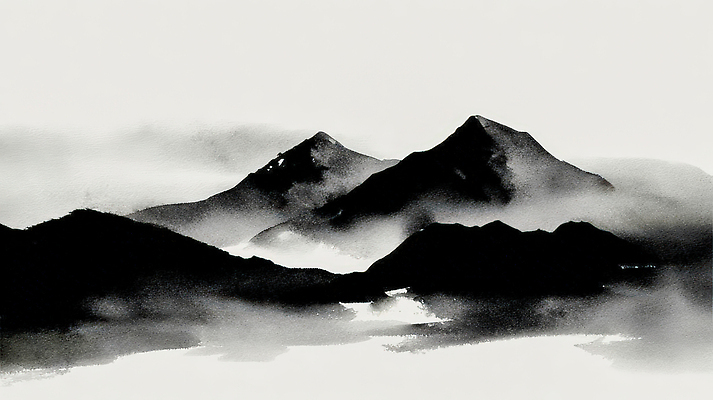JPG 모양 예술 일러스트 자연 하늘 아침 날씨 산 흑백 수묵화 풍경 평화 환경 안개 대기 묘사 조화 시야 국내일러스트 AI일러스트 AI콘텐츠 주간 컨셉 촬영기법 미술 생태계 파일형식