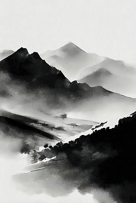 JPG 예술 겨울 일러스트 자연 하늘 수채화 산 거리 수묵화 풍경 검은색 고요 안개 흰색 표현 그리기 땅 그림 산맥 국내일러스트 AI일러스트 AI콘텐츠 계절 컬러 모션 날씨 미술 생태계 파일형식