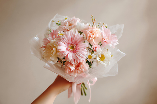 JPG 식물 편집이미지 손 꽃 분홍색 꽃다발 부케 백그라운드 자연 선물 장식 흰색 카네이션 데이지 밝은색 뷰티풀 생화 의료성형뷰티 편집실사 AI인물포토 AI콘텐츠 컬러 신체부위 CG 생태계 파일형식 AI포토