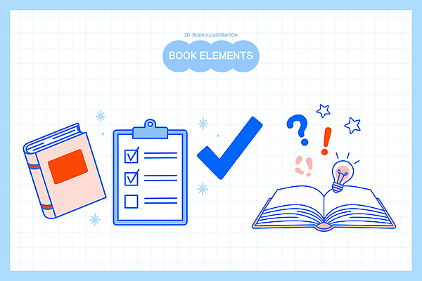 디자인 생각 일러스트 아이디어 실험 책 학습 독서 자료 교양 정보 기록 계획 오브젝트 그림 서식 정리 엘리먼트 창의성 체크리스트 국내일러스트 AI파일 교육 컨셉 파일형식 벡터