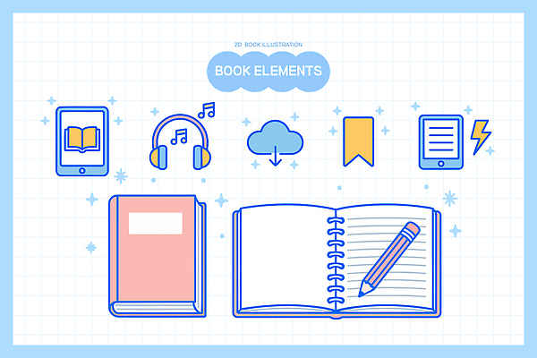 디자인 교육 음악 이어폰 일러스트 책 학습 독서 필기구 자료 정보 전자책 오브젝트 만들기 클라우드서비스 북마크 엘리먼트 창의력 창작 국내일러스트 AI파일 음향기기 모션 문화예술 문구용품 서비스 파일형식 벡터