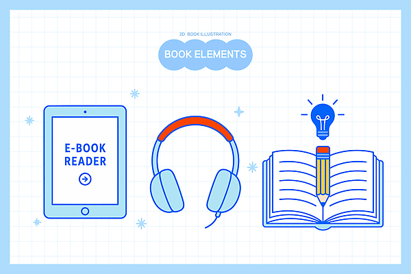 디자인 교육 일러스트 조명 기술 실험 그래픽 책 학습 독서 연필 디지털 헤드폰 자료 소리 듣기 정보 도구 전자책 읽기 오브젝트 문서 엘리먼트 국내일러스트 AI파일 음향기기 모션 학용품 필기구 파일형식 벡터