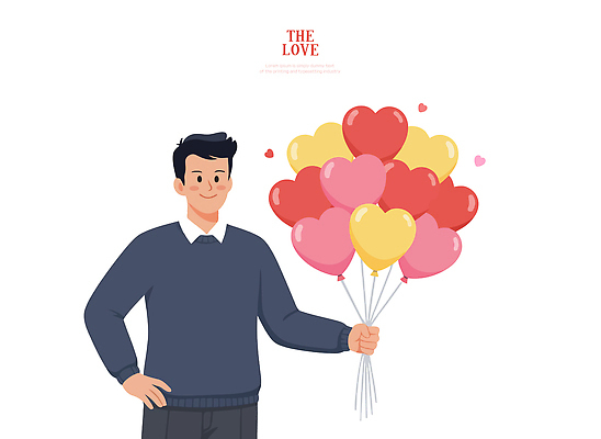 손 기념일 남자 행복 감정 분홍색 컬러 일러스트 사랑 웃음 사람 이벤트 장식 빨간색 노란색 파티 축제 생일 즐거움 하트풍선 풍선 국내일러스트 AI파일 표정 신체부위 하트 파일형식 벡터