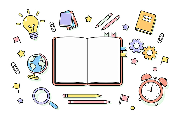 교육 시계 컬러 스티커 일러스트 색연필 책 학습 필기구 연필 지구본 공책 알람 도구 등불 책상 확대경 기어 국내일러스트 AI파일 가구 문구용품 학용품 조명 파일형식 벡터