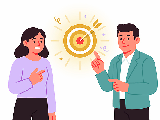 여자 남자 일러스트 비즈니스 성공 회의 협력 화살 아이디어 실내 이야기 대화 미소 사람 목표 결과 계획 토론 목표설정 의사소통 국내일러스트 AI파일 컨셉 표정 말하기 내부 파일형식 벡터