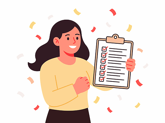 손 여자 행복 종이 일러스트 비즈니스 모션 성공 회의 기념 표정 사무실 기쁨 축하 작업 목표 결과 확인 드로잉 색종이 리스트 체크리스트 국내일러스트 AI파일 감정 컨셉 미술 사람 신체부위 파일형식 벡터