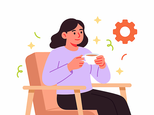 여자 행복 감정 커피 포즈 의자 일러스트 비즈니스 탁자 휴식 앉기 취미 일상 라이프 마시기 분위기 즐거움 주말 순간 오후 국내일러스트 AI파일 음료 가구 컨셉 모션 사람 생활 파일형식 벡터